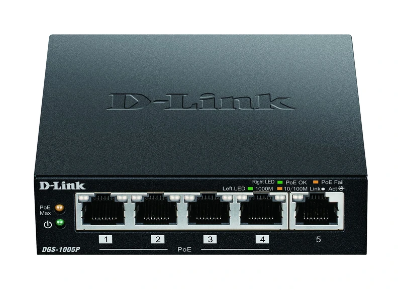 D-Link 5-Port Desktop Gigabit PoE+ Switch, up to 30 W per PoE port, Total power budget of 60 W, Green, Compact and Silent, Plug & Play black DGS-1005P/B