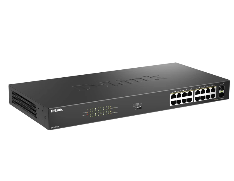D-Link DGS-1018P 18-Port Gigabit Unmanaged PoE Switch – 16 PoE+ Ports (240W Budget), 2 SFP Uplinks, Plug-and-Play, Fan-Cooled Metal Housing, Rackmount, IEEE 802.3af/at, Energy-Efficient
