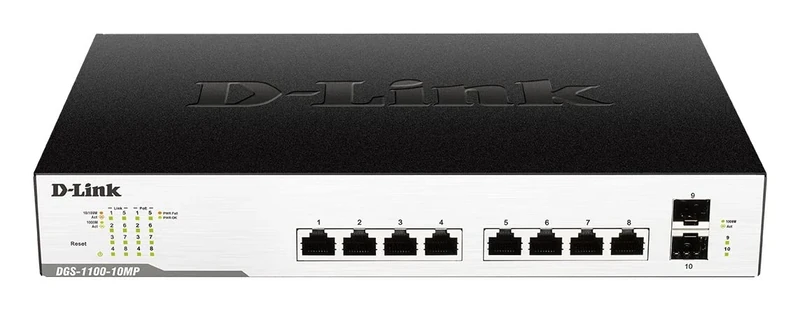 D-Link DGS-1100-10MPV2/B - 10-Port Gigabit PoE Smart Managed Switch with 8 PoE and 2 SFP Ports, 130W PoE power budget, 802.3af/at, VLAN, layer 2 features, QoS, 802.3az EEE, Fanless - UK power cord