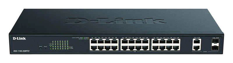 D-Link DGS-1100-26MPV2/B - 26-Port Gigabit Smart Managed Switch with 24 PoE and 2 Combo GE/SFP Ports, 370W PoE, VLAN, QoS, Fanless - UK Power Cord
