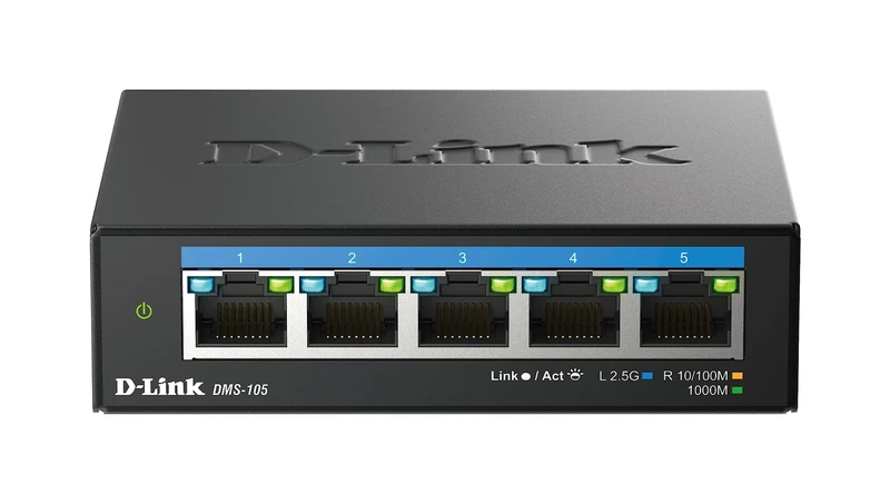 D-Link DMS-105 5-Port 2.5G Multi-Gigabit Unmanaged Desktop Switch with five 2.5 Gigabit Ports, Fanless, Low Profile, Compact, Metal Housing, QoS, Plug and Play