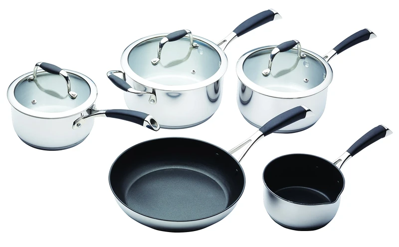 MasterClass Induction Ready Saucepan Set Including Milk Pan, Frying Pan and Saute Pan with PTFE, PFOA and BPA Free Non Stick, Dishwasher safe, 5 Pieces - Stainless Steel, Silver