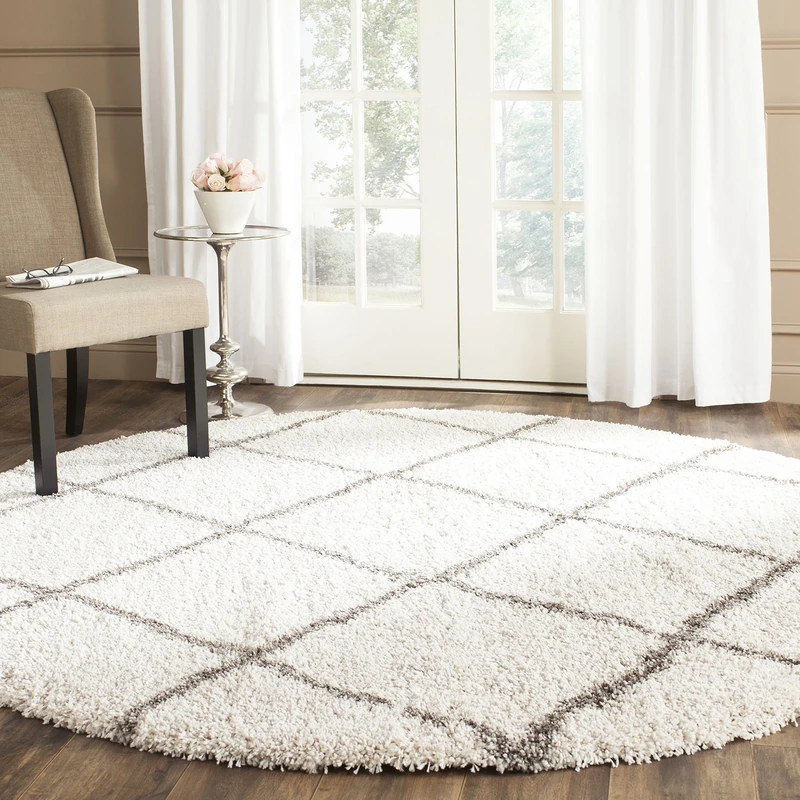 Safavieh Shaggy Indoor Woven Round Area Rug, Hudson Shag Collection, SGH281, in Ivory / Grey, 213 X 213 cm for Living Room, Bedroom or Any Indoor Space