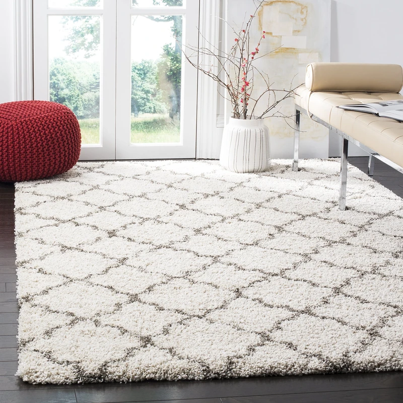 Safavieh Shaggy Indoor Woven Square Area Rug, Hudson Shag Collection, SGH282, in Ivory / Grey, 213 X 213 cm for Living Room, Bedroom or Any Indoor Space