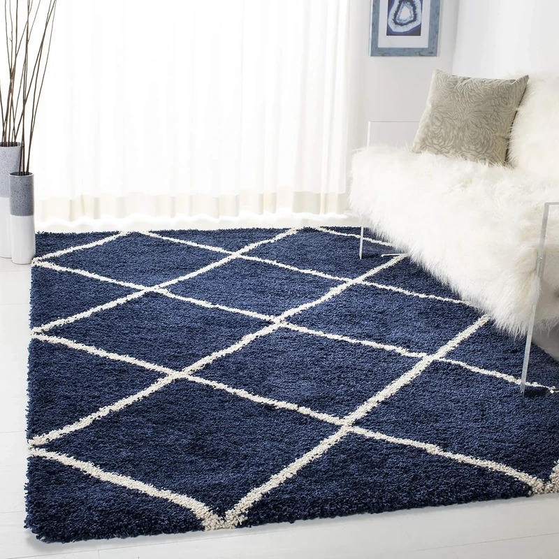 Safavieh Shaggy Indoor Woven Rectangle Area Rug, Hudson Shag Collection, SGH281, in Navy/Ivory, 155 x 229 cm for Living Room, Bedroom or Any Indoor Space