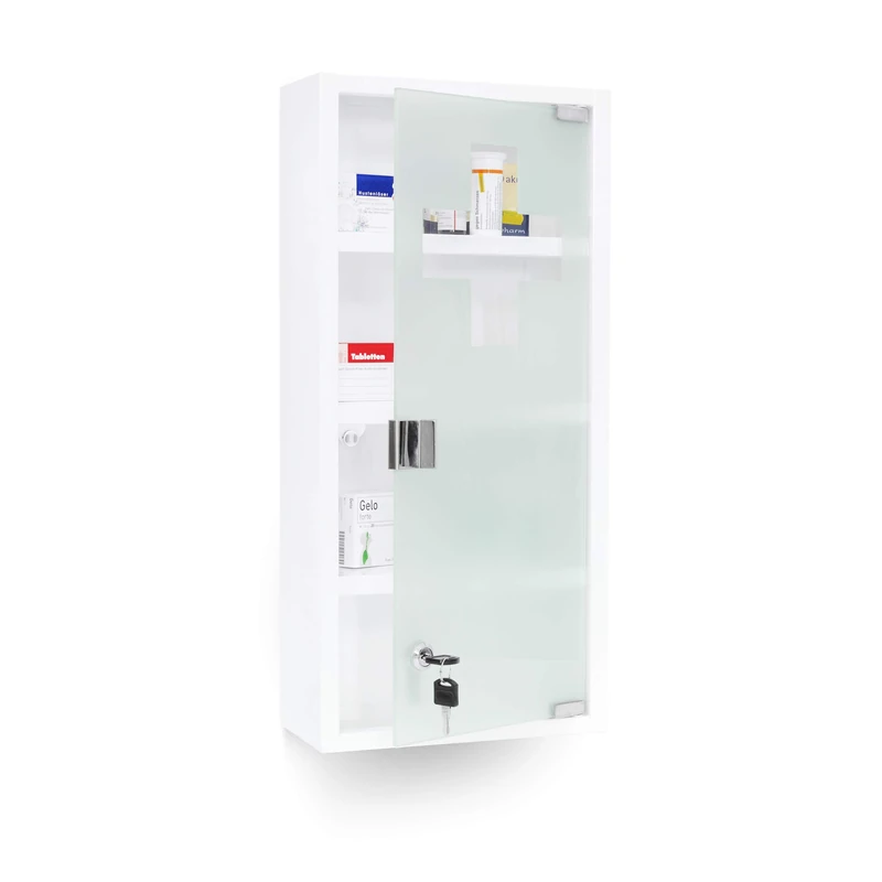 Relaxdays EMERGENCY XXL Medicine Cabinet, 57 x 27 x 12 cm, With 4 Shelves And 2 Keys, Metal, Magnetic Door, Child-Proof, White