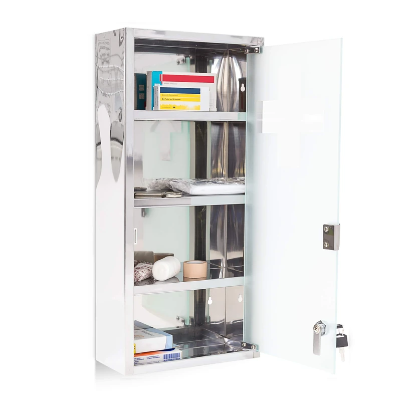 Relaxdays Large Medicine Cabinet, 57 x 27 x 12 cm, Stainless Steel, Lockable, 4 Shelves, With Frosted Glass Door, Silver