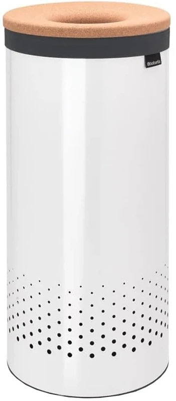 Brabantia - Laundry Bin - Cork Lid - Portable Laundry Bag Inside - Quick-drop Opening - Basket with Ventilation Holes - Non-Scratching Bottom - Corrosion Resistant - White - 35L