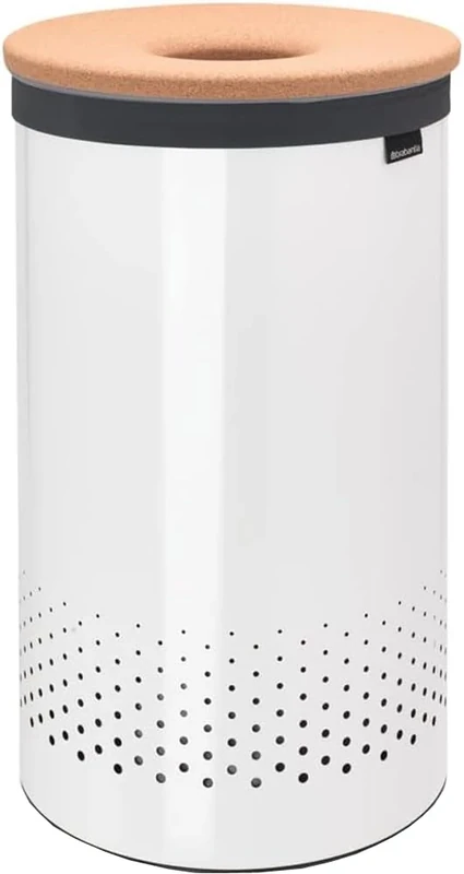 Brabantia - Laundry Bin - Cork Lid - Portable Laundry Bag Inside - Quick-drop Opening - Basket with Ventilation Holes - Non-Scratching Bottom - Corrosion Resistant - Natural Look - White - 60L