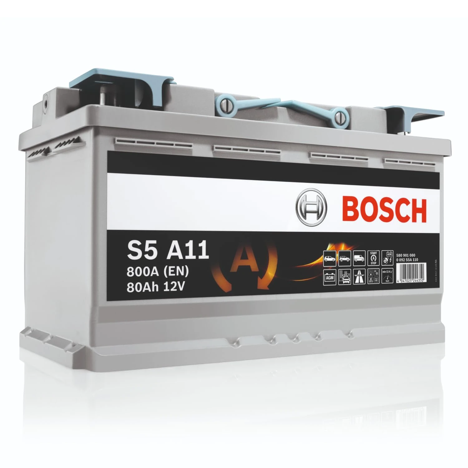 Bosch S5 A11 Car Battery 80 A/h - 800 A - 12 V, Type 115, AGM Lead-acid for Vehicles with a Start/Stop System, Left (-) Right (+), 315 x 175 x 190 mm - For Vehicles with Regenerative Braking