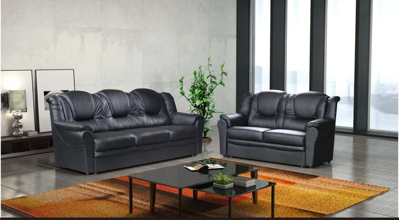 Sofas and More 3 2 Seater Sofa Set Living Room Suite Faux Leather Black Foam Seats High Back Settee Large Couch