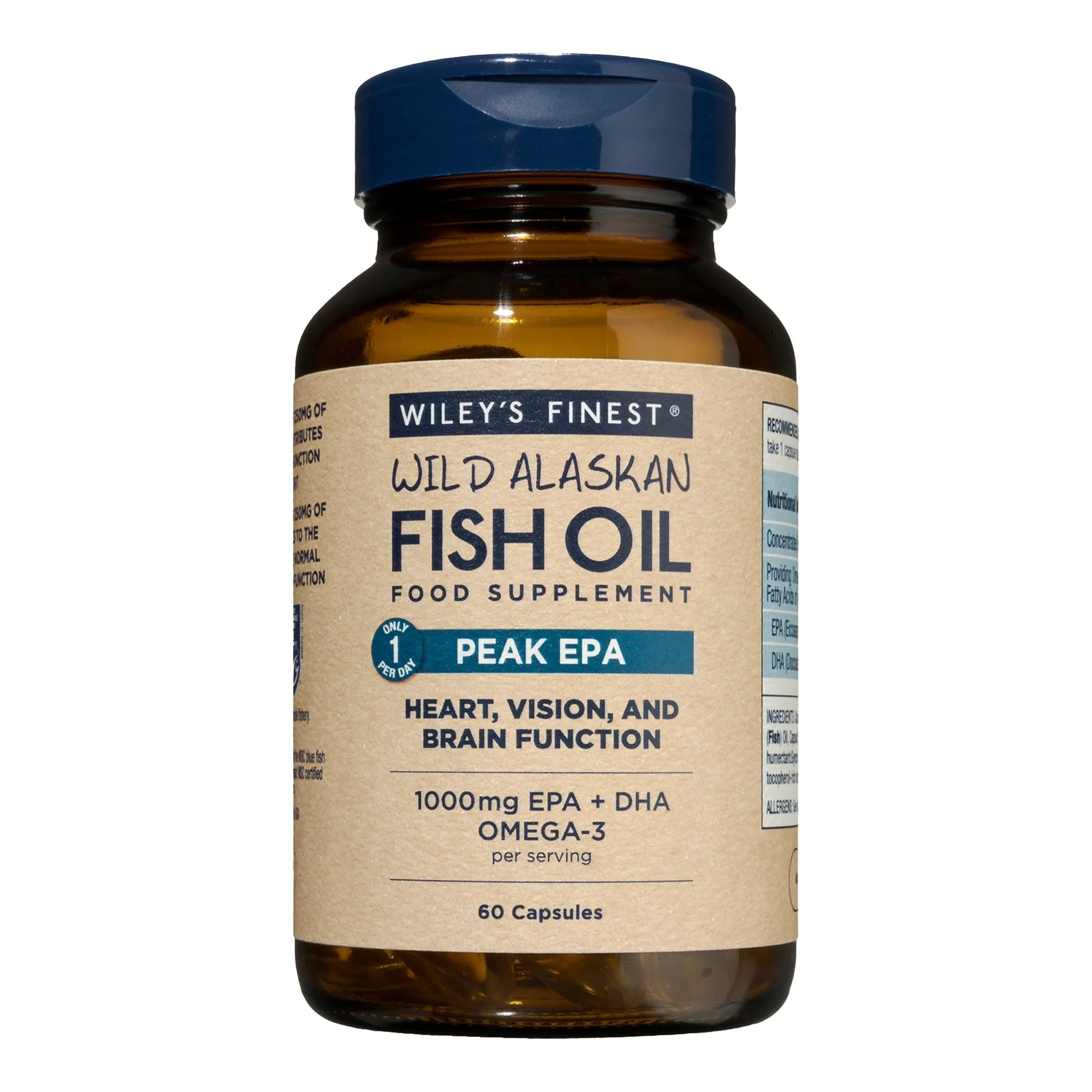 Wiley's Finest Wild Alaskan Fish Oil Peak EPA - Triple Strength Peak EPA and DHA - 1000mg Omega-3s, SQF-Certified - 60 Softgels (60 Servings)