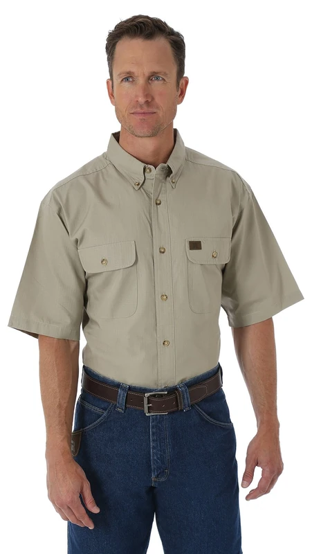 Wrangler Riggs Workwear Men's Foreman Short Sleeve Ripstop Work Shirt, Khaki, Large