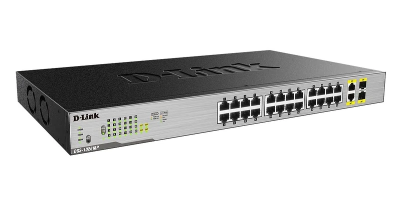D-Link DGS-1026MP 26-Port Gigabit Unmanaged Max PoE Switch, 24 10/100/1000 Mbps PoE ports and 2 Gigabit combo uplink ports, PoE budget of 370W, Hub, Internet Splitter, Metal, Plug and Play