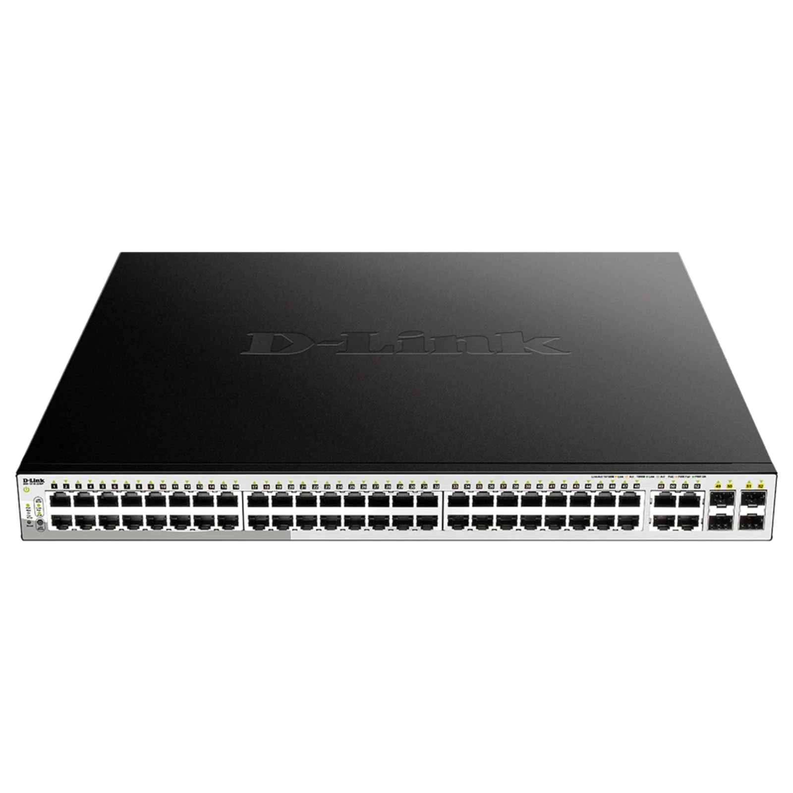 D-Link DGS-1210-52MP 52-Port Gigabit Smart Managed PoE Switch, 48 x 10/100/1000BASE-T PoE ports, 4 x Gigabit GbE/SFP Combo Ports, L2+ Static Routing, Surveillance Mode, 370 W PoE Budget , Black