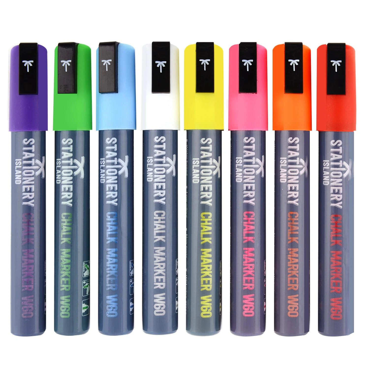 STATIONERY ISLAND Chalk Pens W60 Pack Of 8 Neon Colours â€“ 6mm Chisel Nibs. Wet Wipe Erase Liquid Chalk Markers. For Glass (Windows & Mirrors), Whiteboards, Signs And Non-Porous Blackboards