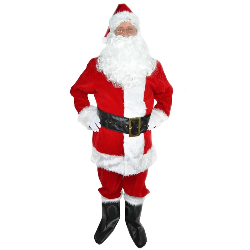SHATCHI 8-Piece Traditional Deluxe Regal Plush Father Santa Claus Suit - Christmas Fancy Dress Costume with Hat, Wig, Beard, Gloves, Boot Covers, Glasses - Perfect for Holiday Parties - Large