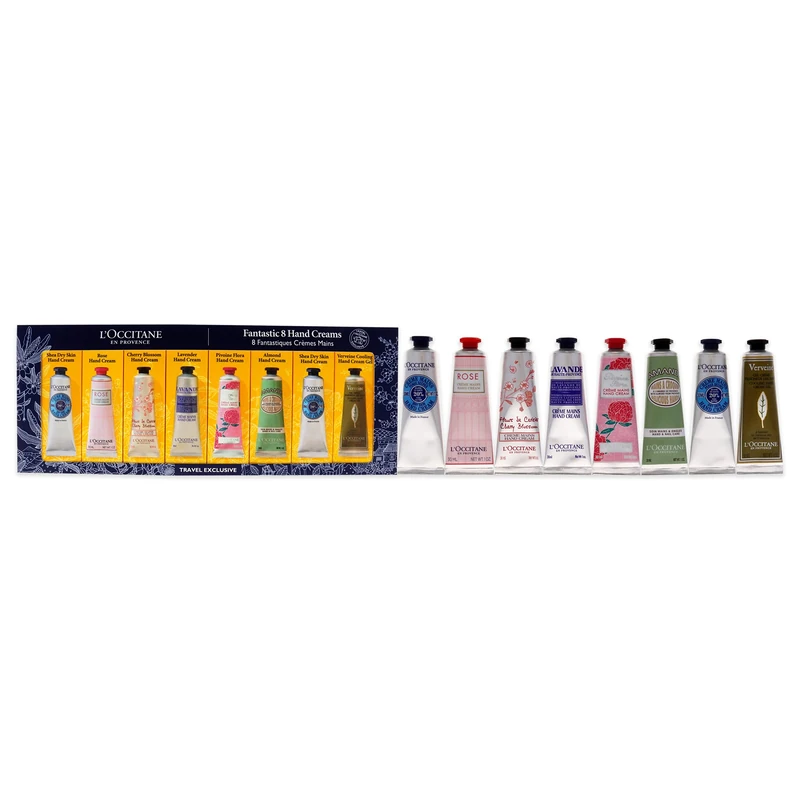 LOccitane Fantastic 8 Hand Creams Kit For Unisex 8 x 1 oz Shea Dry Skin, Rose, Cherry Blossom, Lavender, Pivoine Flora, Almond, Verveine Cooling Hand Cream Gel
