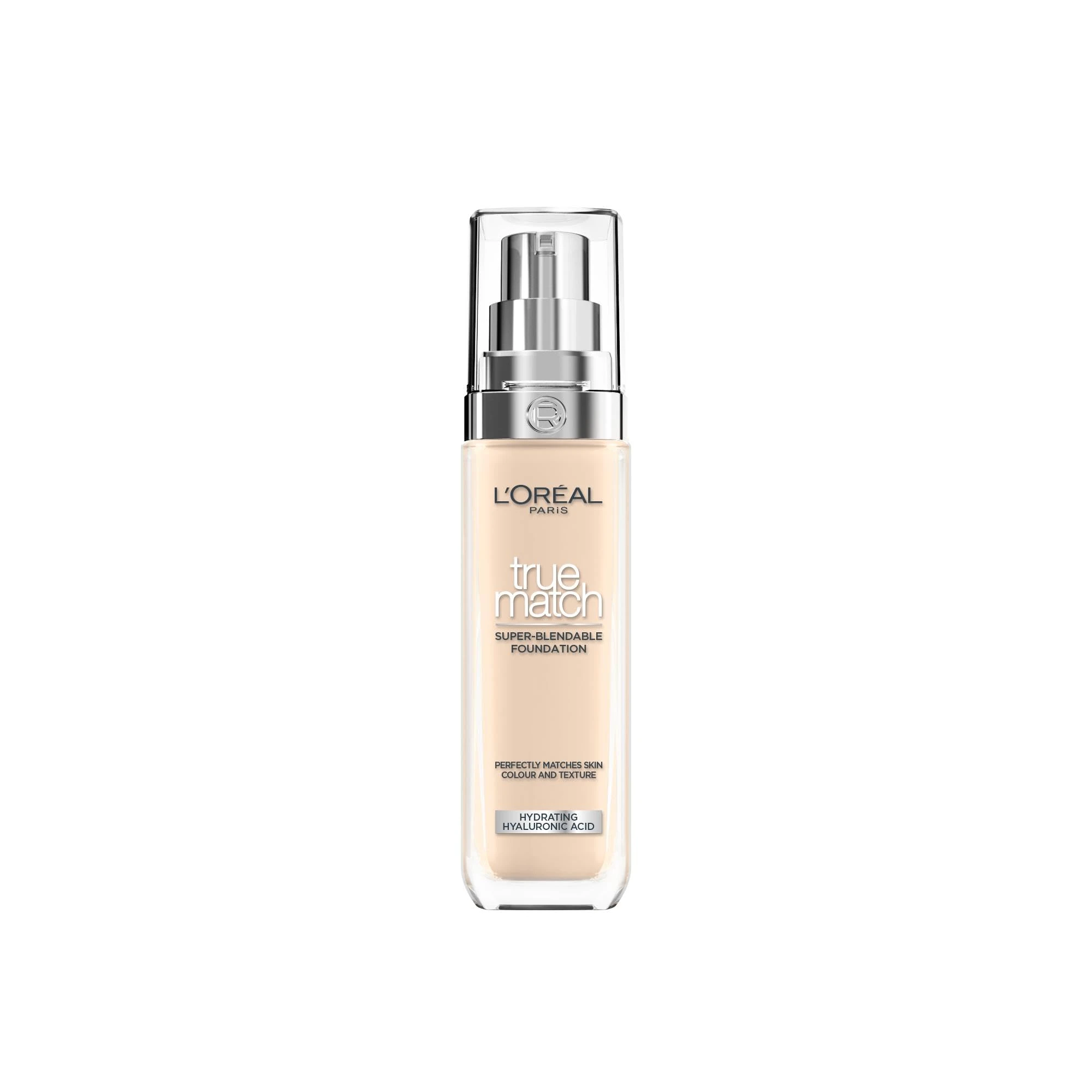L'Oréal Paris Foundation for Face, Skincare Infused with Hyaluronic Acid, True Match Hydrating Liquid Foundation for All Skin Tones, SPF 16, 1N Ivory, 30 ml
