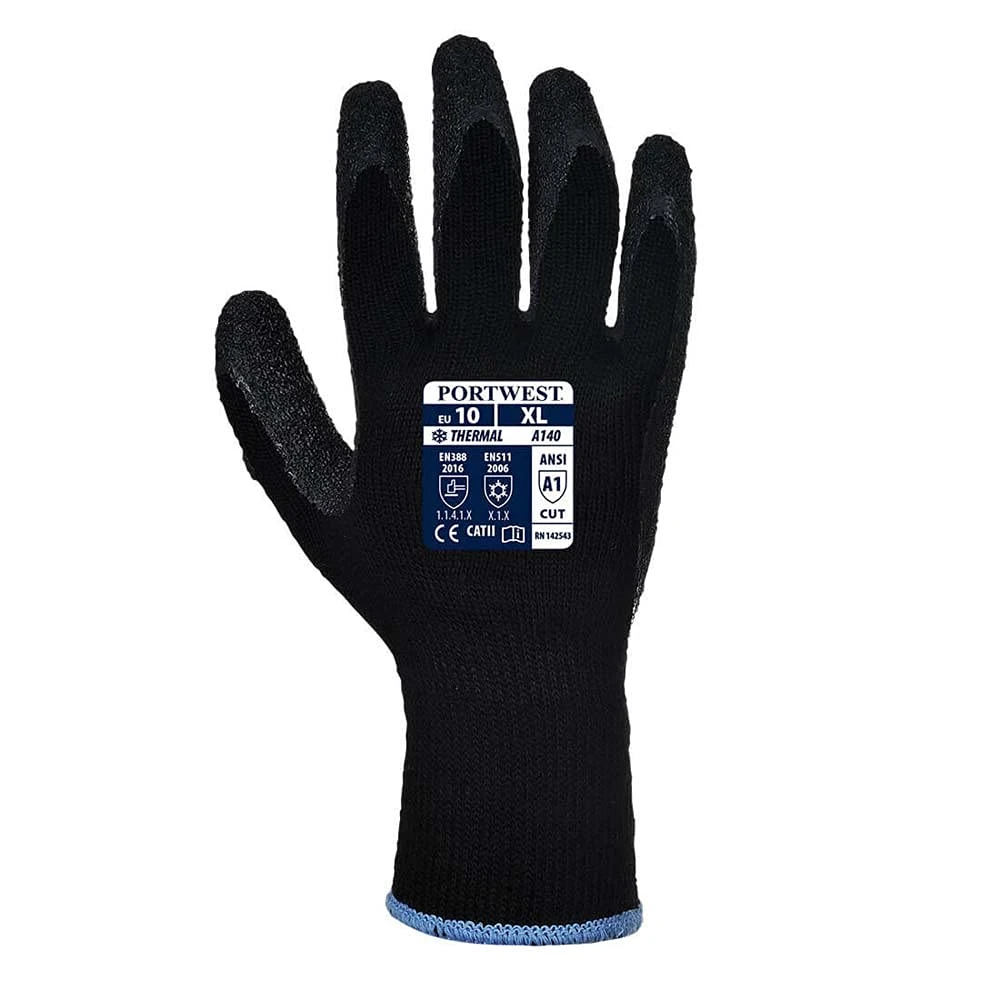 Portwest Thermal Grip Gloves - Latex, Colour: Black, Size: M, A140K8RM