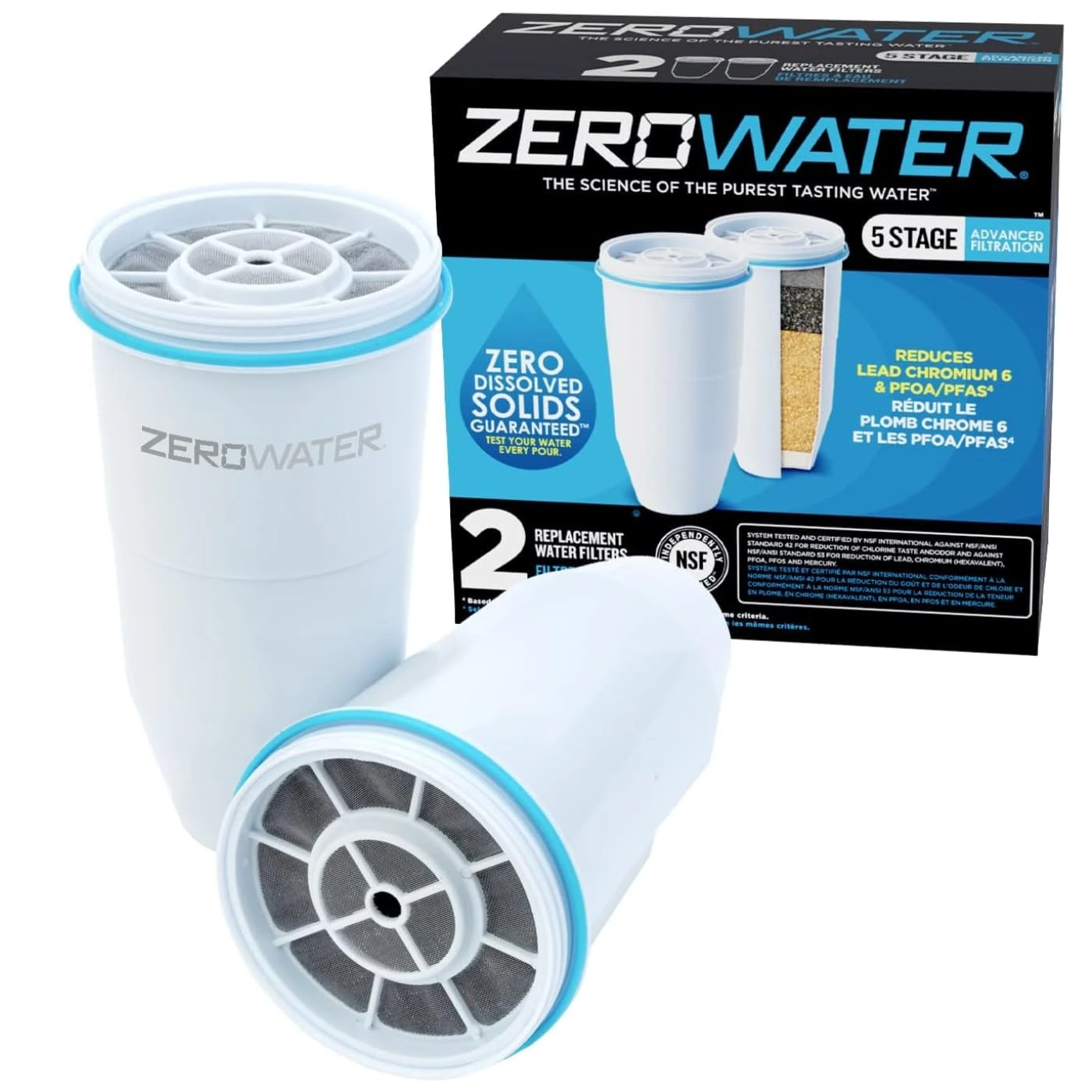 ZeroWater Replacement Water Filter Cartridges | 5 Stage Filtration System Reduces Fluoride, Chlorine, Lead and Chromium, 2 x Filter