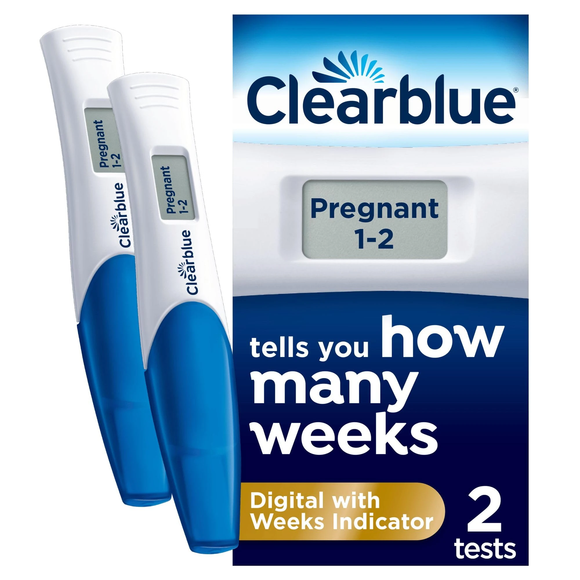 Clearblue Pregnancy Test - Digital with Weeks Indicator, The Only Test That Tells You How Many Weeks, 2 Digital Tests, Packaging May Vary