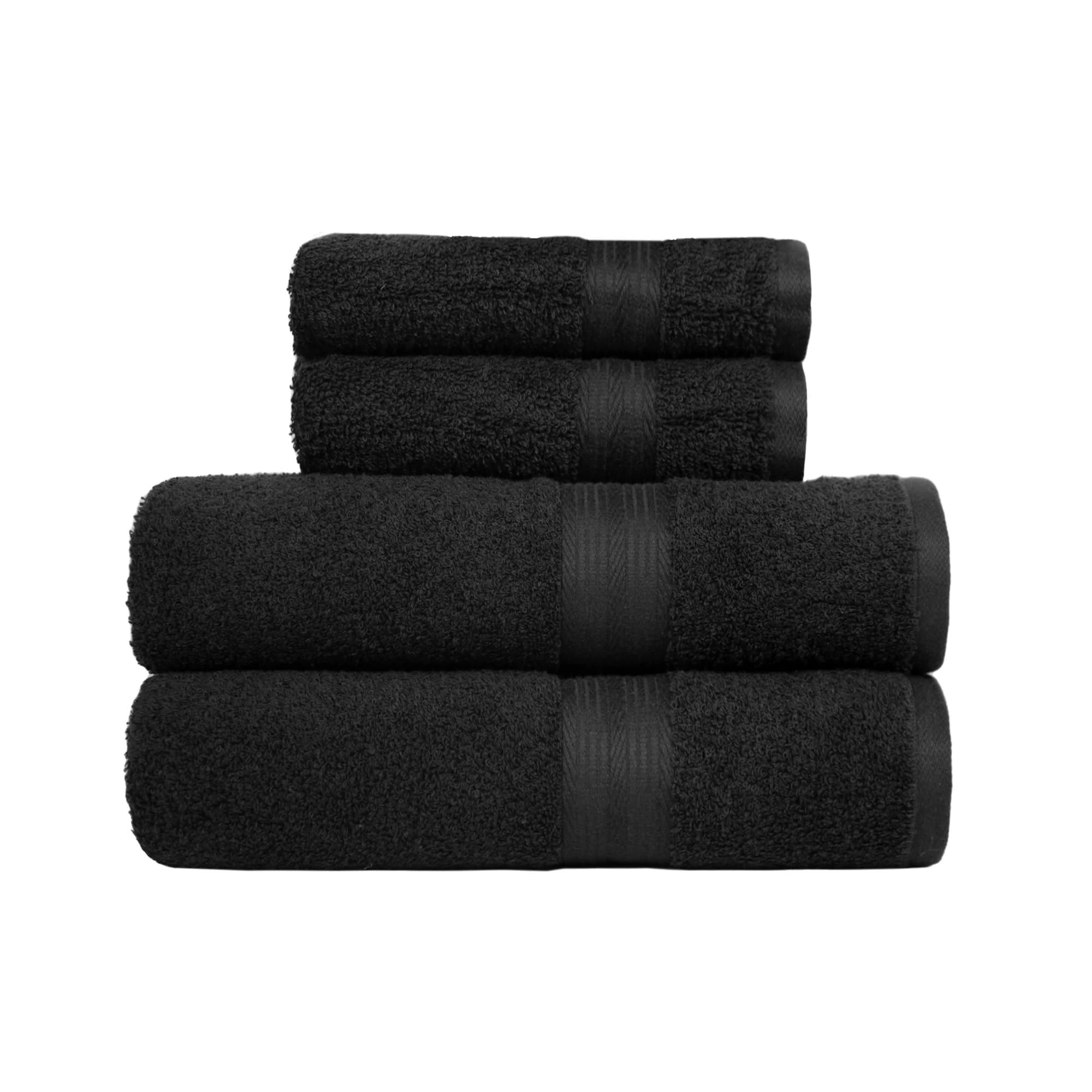 Amazon Basics 4 Piece Fade resistant bath towel set for bathroom, 100% Cotton soft and absorbent, 2 Bath + 2 Hand Towels, Black