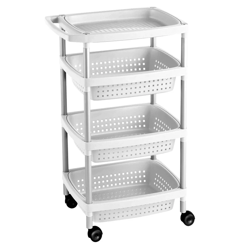 TATAY Vegetable trolley with 4 levels, white matt, with wheels and 3 baskets and 1 upper floor, removable. Made of BpA free plastic material