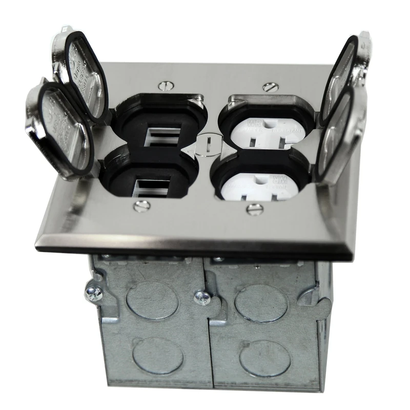 TOPGREENER 705549-D-S Floor Box Kit, 2 Gang 20A Tamper/Weather Resistant Duplex Receptacle/Datacom Ready Ports, UL Listed - Nickel Plated Brass