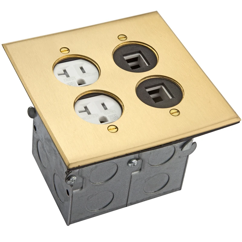 2 Gang Floor Box Kit, 20A Tamper/Weather Resistant Duplex Receptacle, 2 Port Data Module Ready for Jacks, Enerlites 705510-C-D, UL Listed - Brass