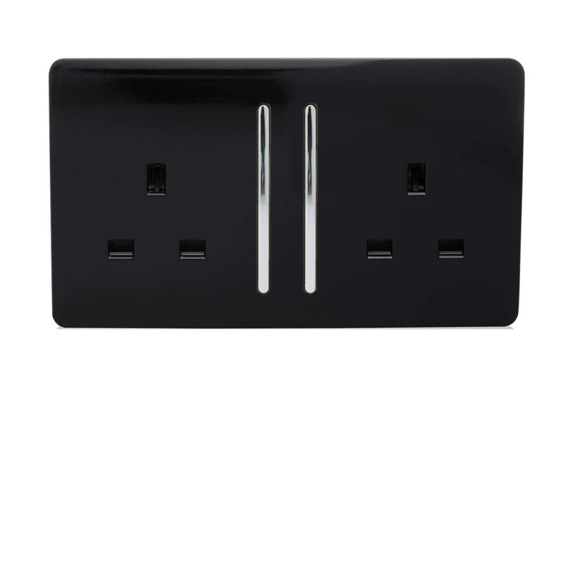 Trendi 2 Gang Artistic Modern Glossy 13 Amp Switched Tactile Plug Socket Black Trade Pack (x7)