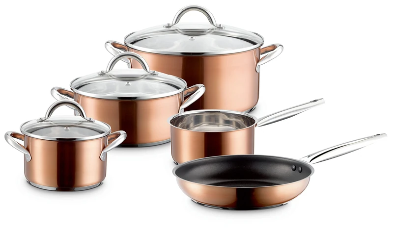 Mäser Asterion Modern Copper Saucepan Set of 4 Saucepans, 1 Non-Stick Pan and 3 Glass Lids for All Hob Types Including Induction, Stainless Steel, Glass, Copper