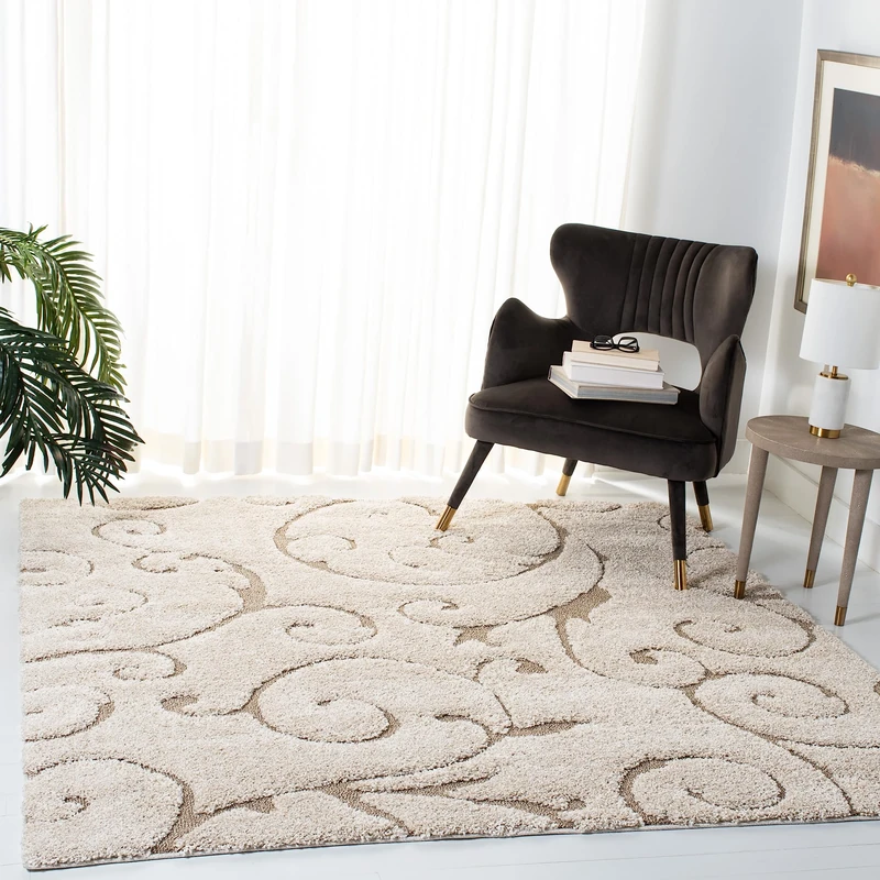 Safavieh Shag Rug for Living Room, Dining Room, Bedroom - Florida Shag Collection, High Pile, in Cream and Beige, 122 X 122 cm