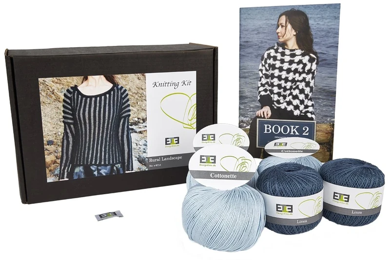 DesignEtte Knitting Kit Rural Landscape 100 Percent Linen Pure Mercerized Egyptian Cotton Blend Indigo/Light Blue XL No-s-8714 Includes Yarn Pattern Booklet Plus A Label, silk, X-Large