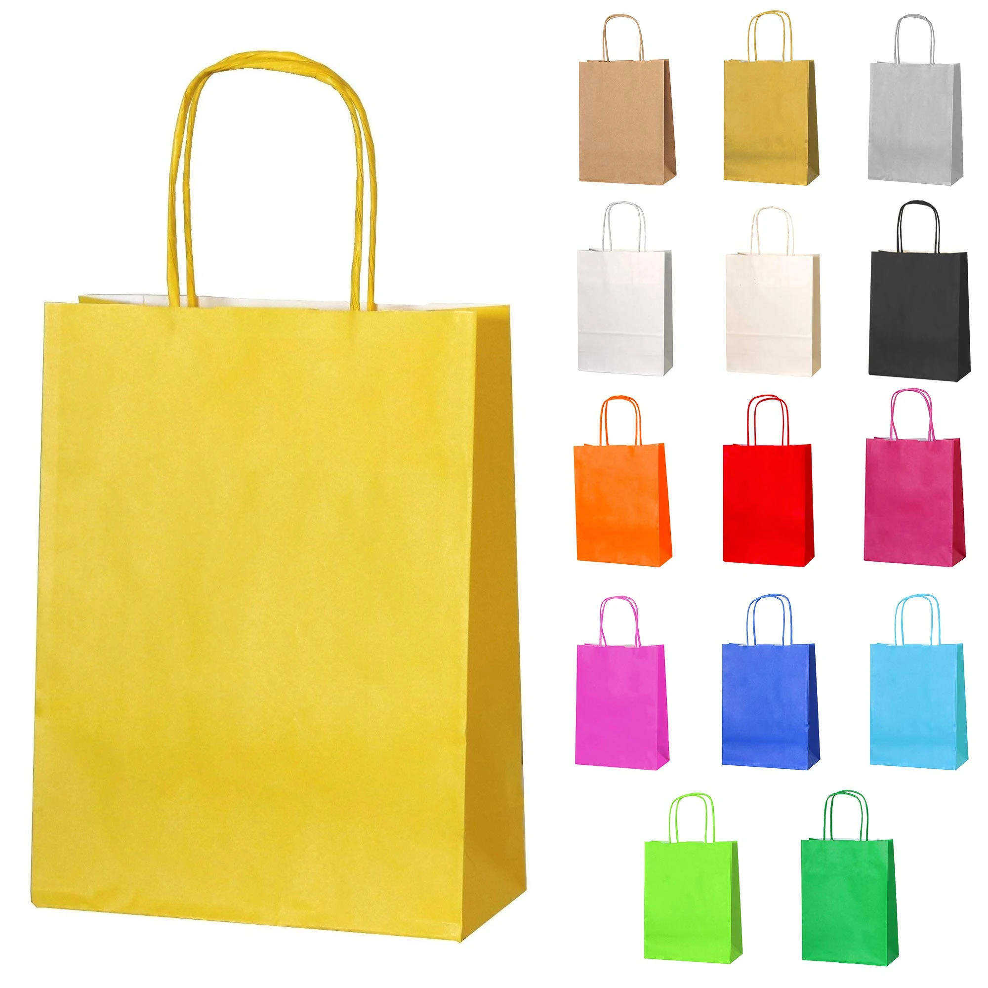 Thepaperbagstore 20 Yellow Paper Party Bags With Handles - Colourful Paper Gift Bags for Kids and Adults Parties, Birthdays, Weddings, Baby Showers, Hen Parties and Sweets 18x22x8cm