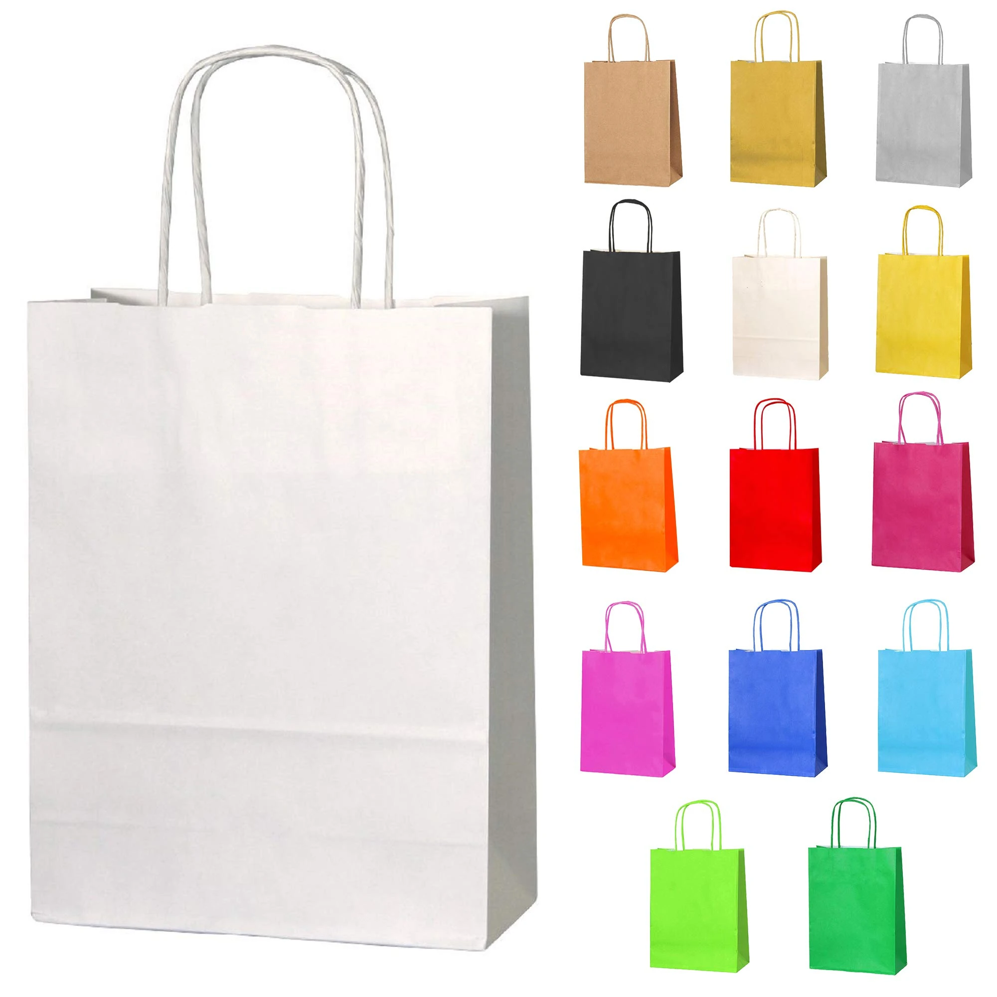 Thepaperbagstore 10 White Small Paper Party Bags With Handles - 18x22x8cm - Colourful Paper Gift Bags for Kids and Adults Parties, Birthdays, Weddings, Baby Showers, Hen Parties and Sweets