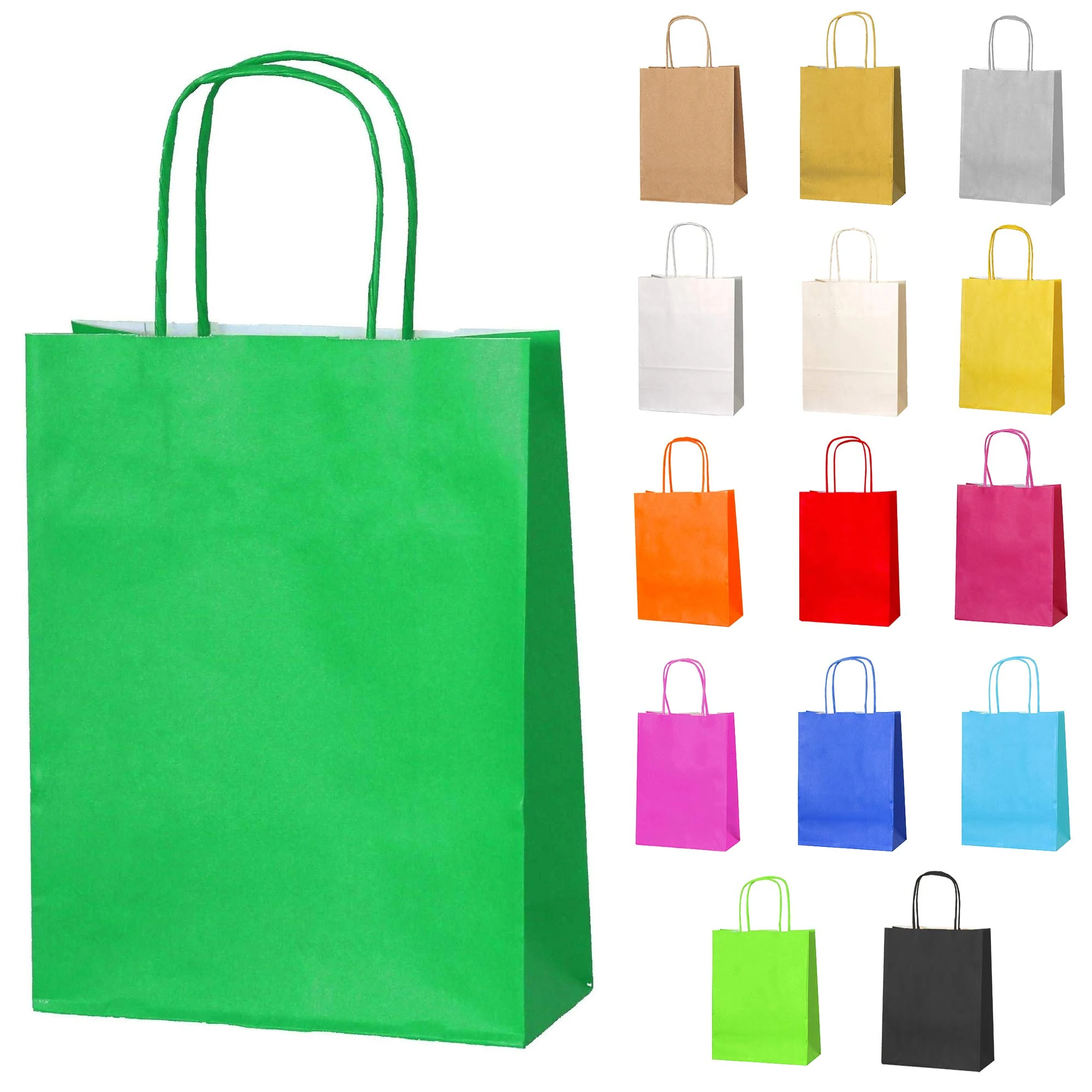 Thepaperbagstore 30 Green Small Paper Party Bags With Handles - 18x22x8cm - Colourful Paper Gift Bags for Kids and Adults Parties, Birthdays, Weddings, Baby Showers, Hen Parties and Sweets