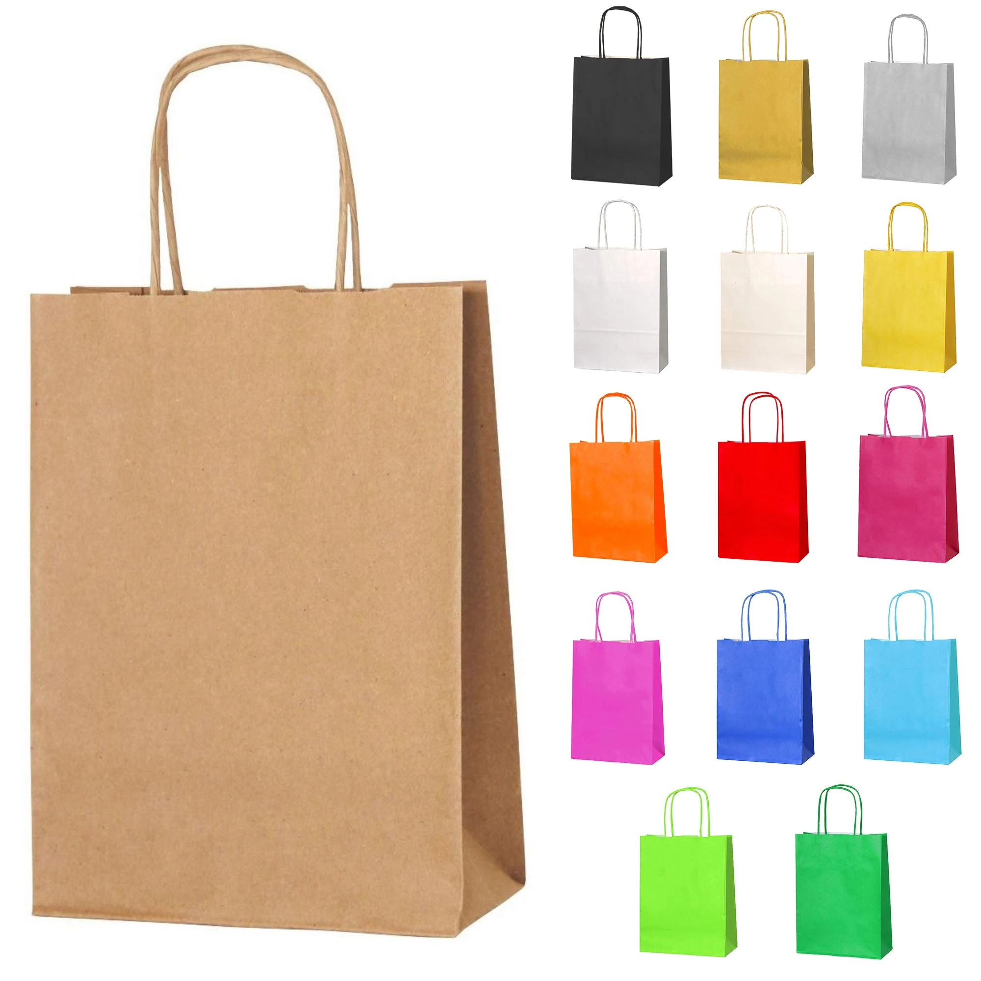 Thepaperbagstore 10 Brown Small Paper Party Bags With Handles - 18x22x8cm - Colourful Paper Gift Bags for Kids and Adults Parties, Birthdays, Weddings, Baby Showers, Hen Parties and Sweets