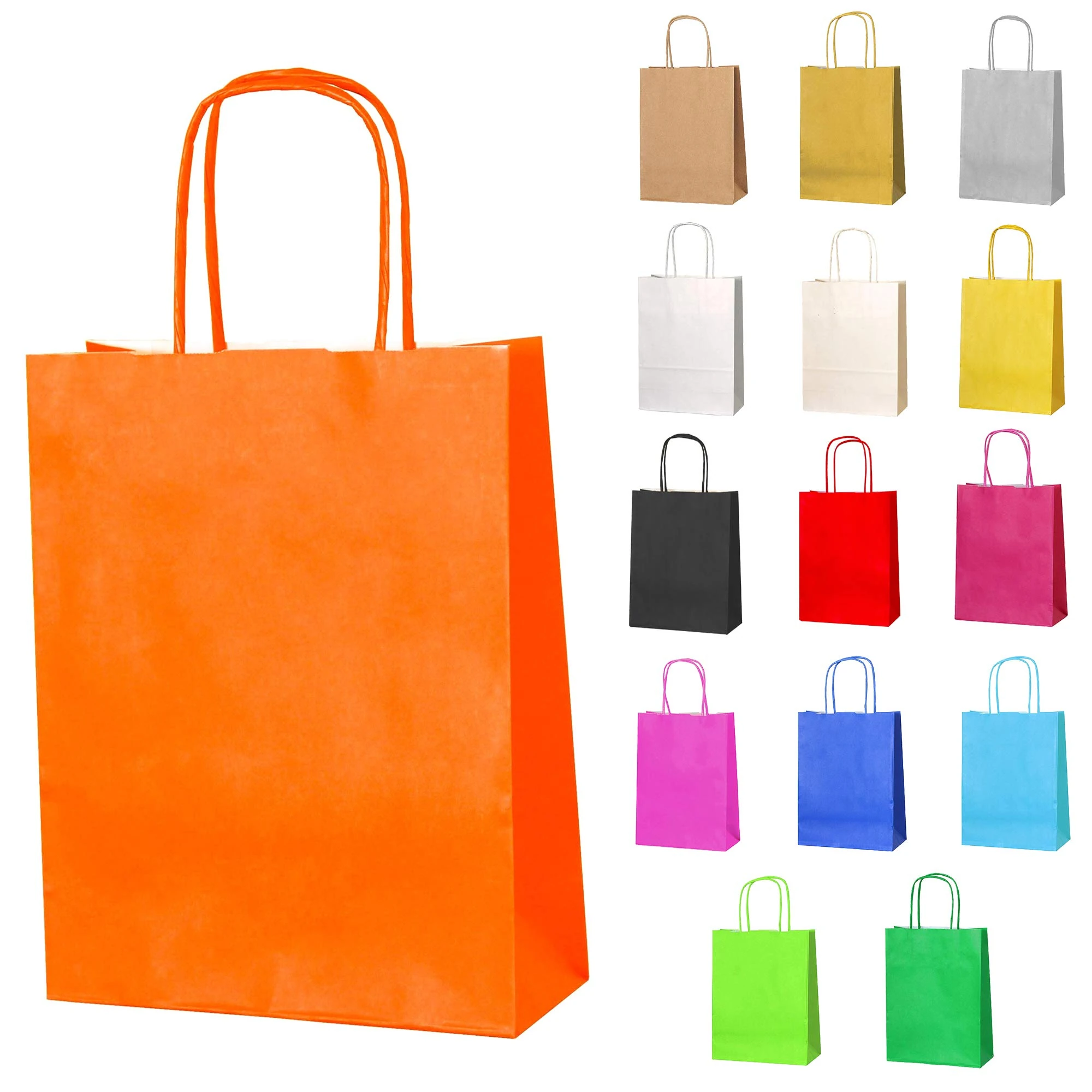 Thepaperbagstore 20 Orange Small Paper Party Bags With Handles - 18x22x8cm - Colourful Paper Gift Bags for Kids and Adults Parties, Halloween, Birthdays, Weddings, Baby Showers, Hen Parties and Sweets