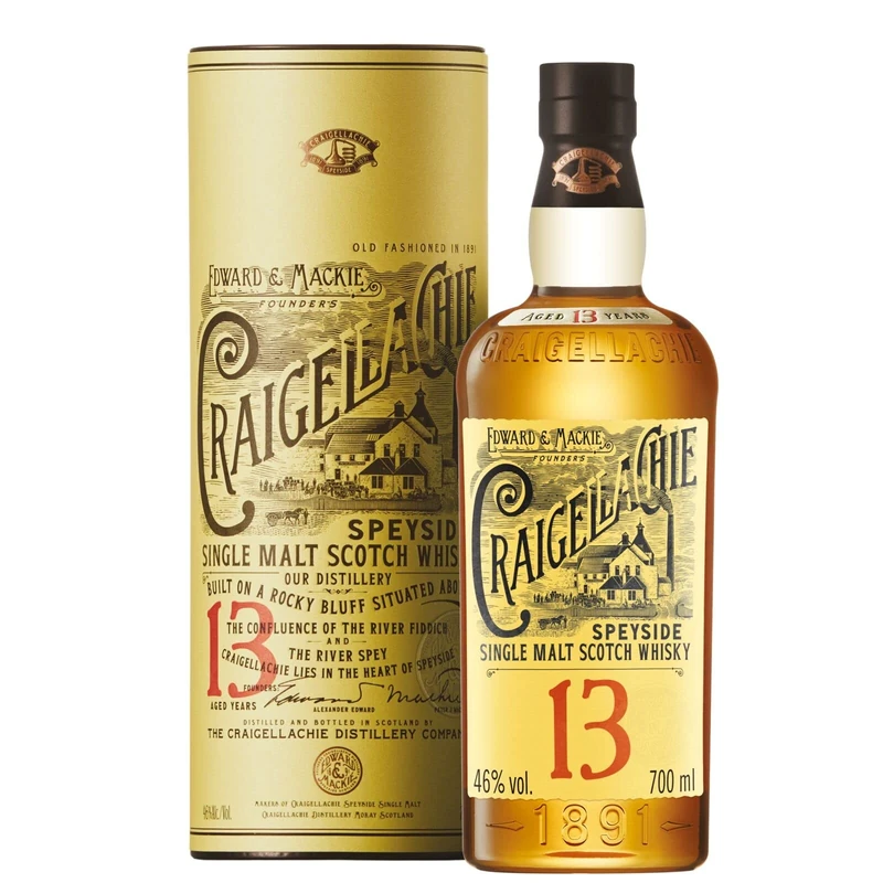 Craigellachie 13 Year Old Speyside Scotch Single Malt Whisky, 46% ABV, 70cl, with Gift Tube, Sherry & Bourbon Cask Finish, 700ml