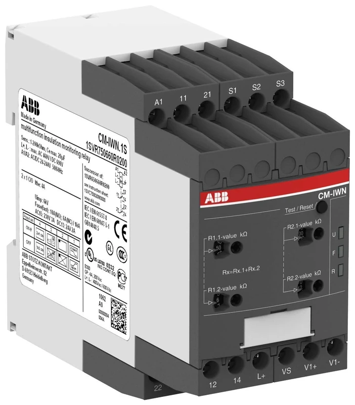 ABB CM-IWN.1S Insulation Monitoring Relay 2c/o, 1-100kOhm, 2-200kOhm, 24-240V AC/DC (ABB1SVR750660R0200)