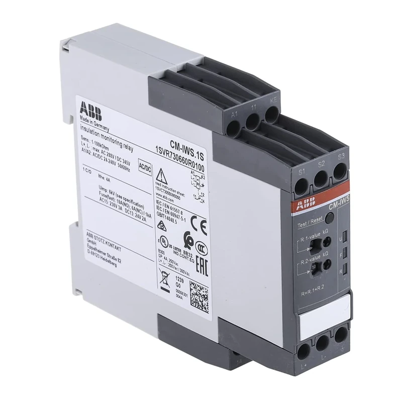 ABB CM-IWS.1S Insulation Monitoring Relay 1c/o, 1-100kOhm, 24-240V AC/DC (ABB1SVR730660R0100)