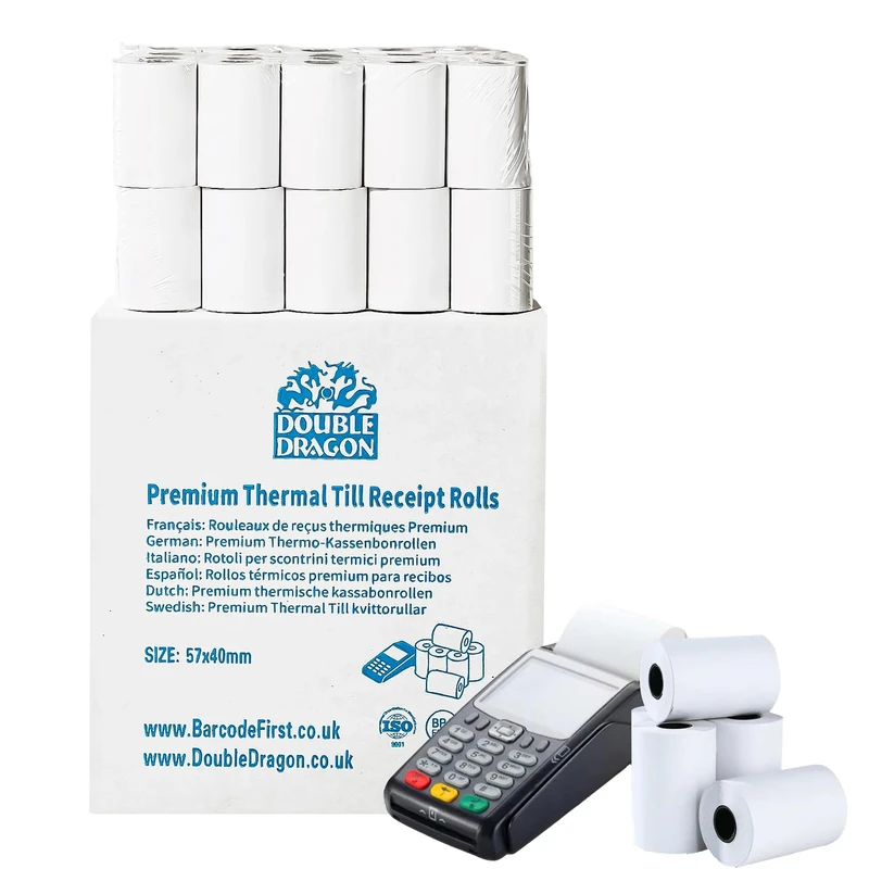 Double Dragon 57 x 40 mm Premium Thermal Paper Till Receipt Roll for EPOS, POS Terminal, Credit Card Machine, Cash Register [Pack of 400]