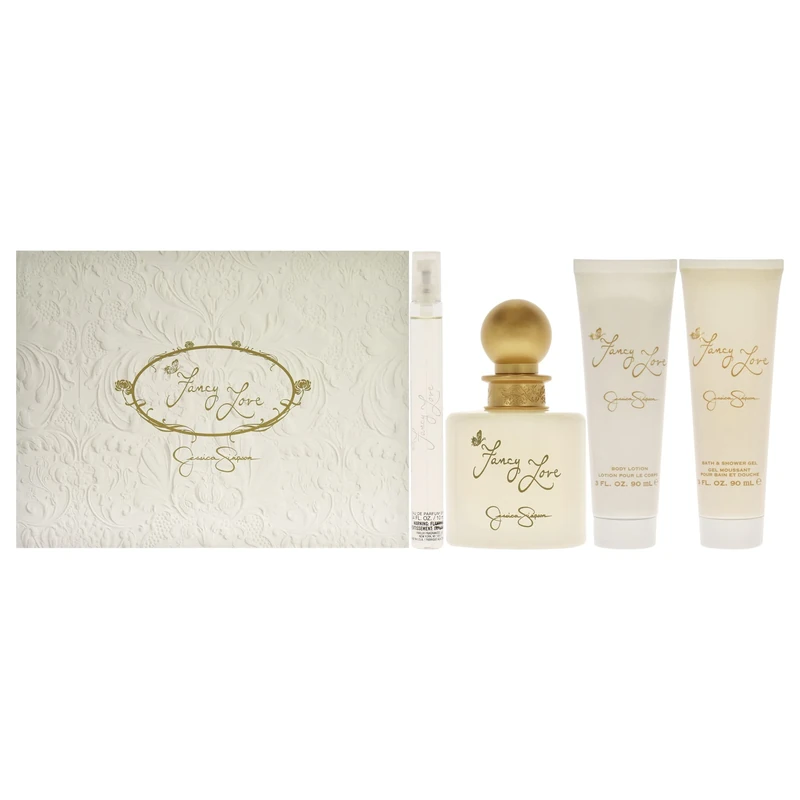 Jessica Simpson Fancy Love For Women 4 Pc Gift Set 3.4Oz Edp Spray, 0.34Oz Edp Mini Spray, 3Oz Body Lotion, 3Oz Bath And Shower Gel