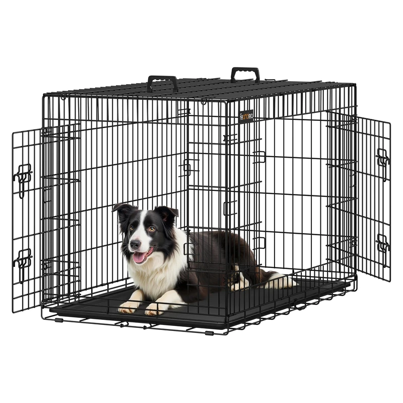 FEANDREA Dog Crate, Foldable, 107 cm, 2 Doors, XL, Black PPD42H