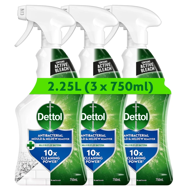 Dettol Mould Remover, Multipack of 3 X 750ml, Total 2.25L, Mould And Mildew Remover, Mould Spray, Bleach Spray, Bathroom Mould Remover, Antibacterial, Disinfectant, Household Cleaners