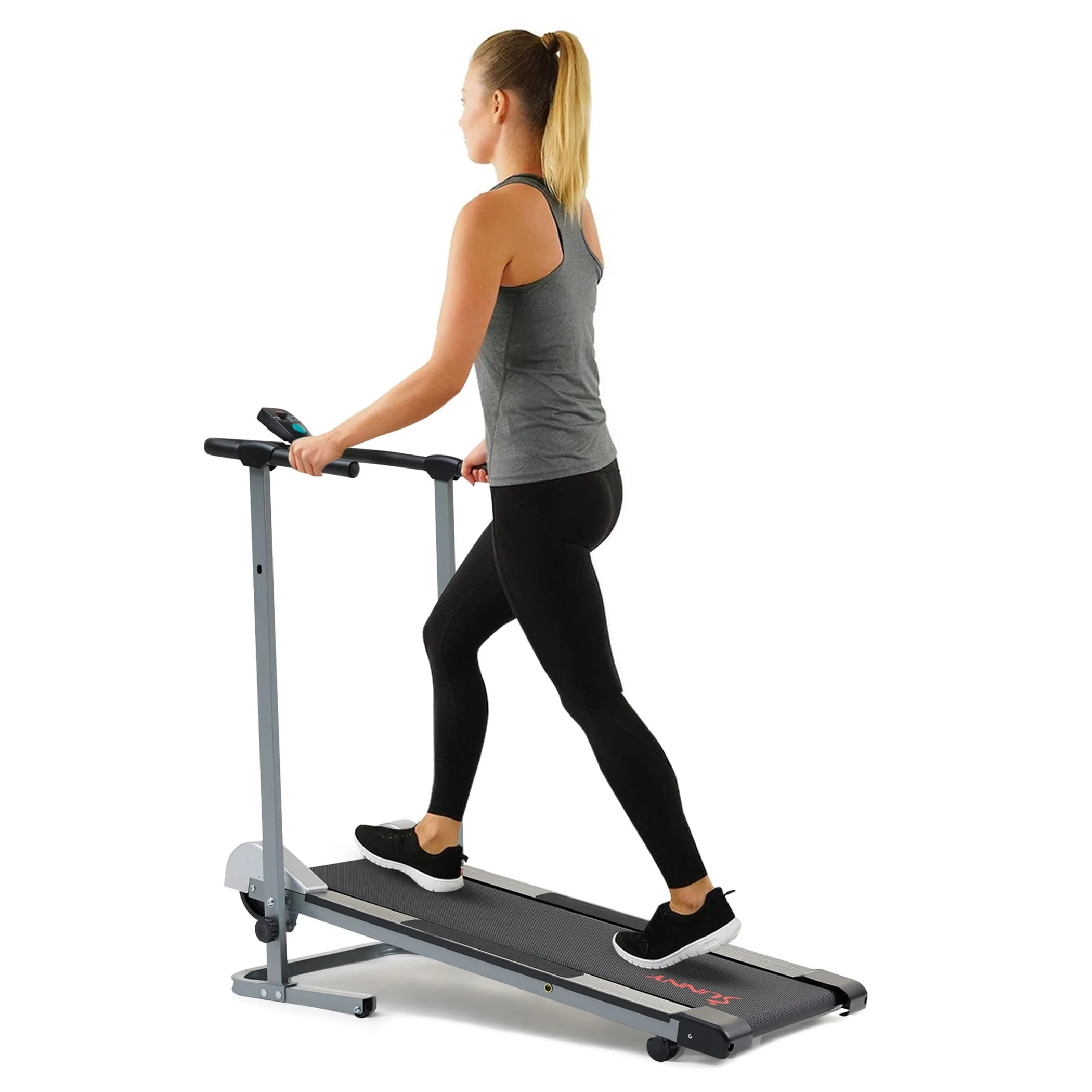 Sunny Health & Fitness Foldable Manual Treadmill, Compact Cardio Fitness, Durable Non-Electric Incline Exercise, Walking Tread Pad, Transportation Wheels, Non-Slip Handlebars with Digital Monitor