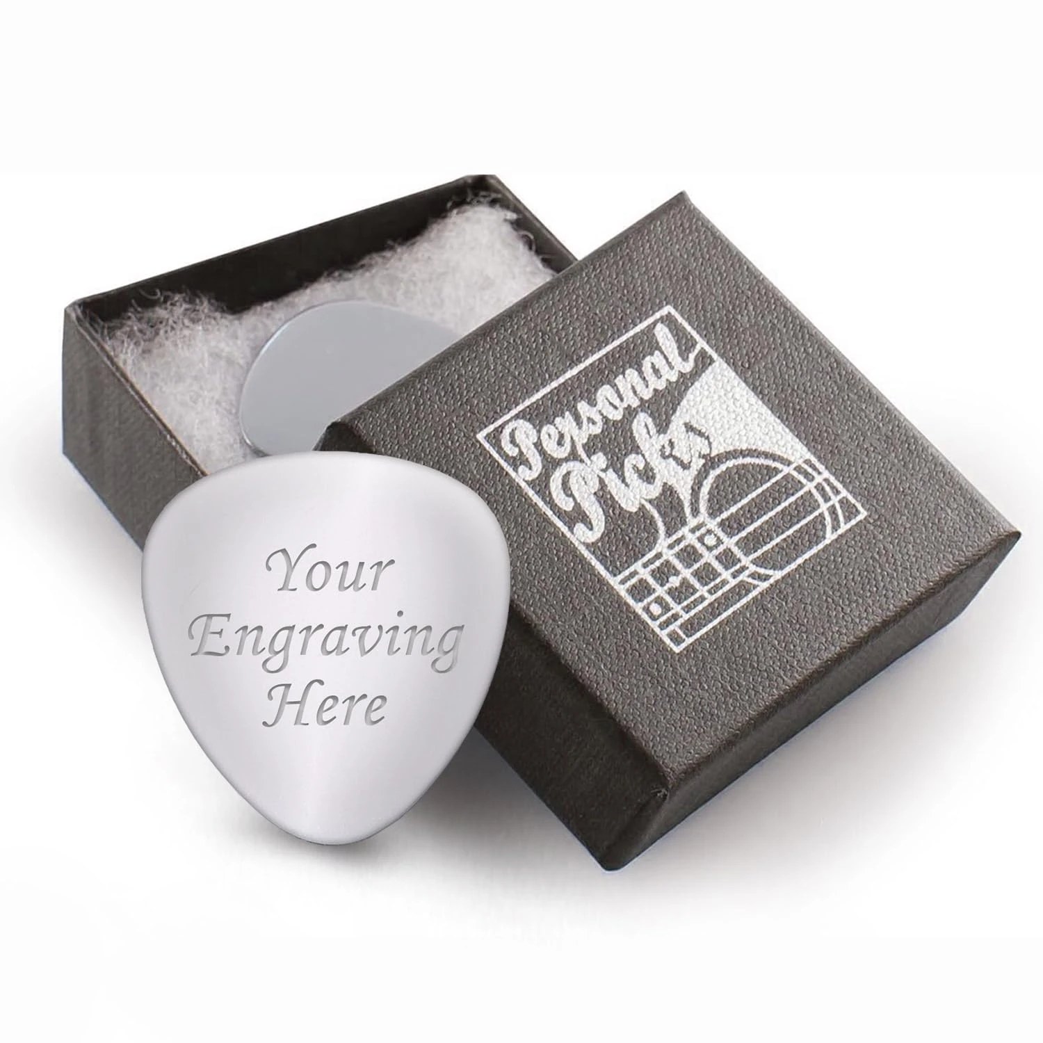 EIO Gifts Personalised Guitar Pick with Gift Box – Silver Guitar Plectrum for Bass, Acoustic & Electric Guitar – Engraved with Your Custom Text