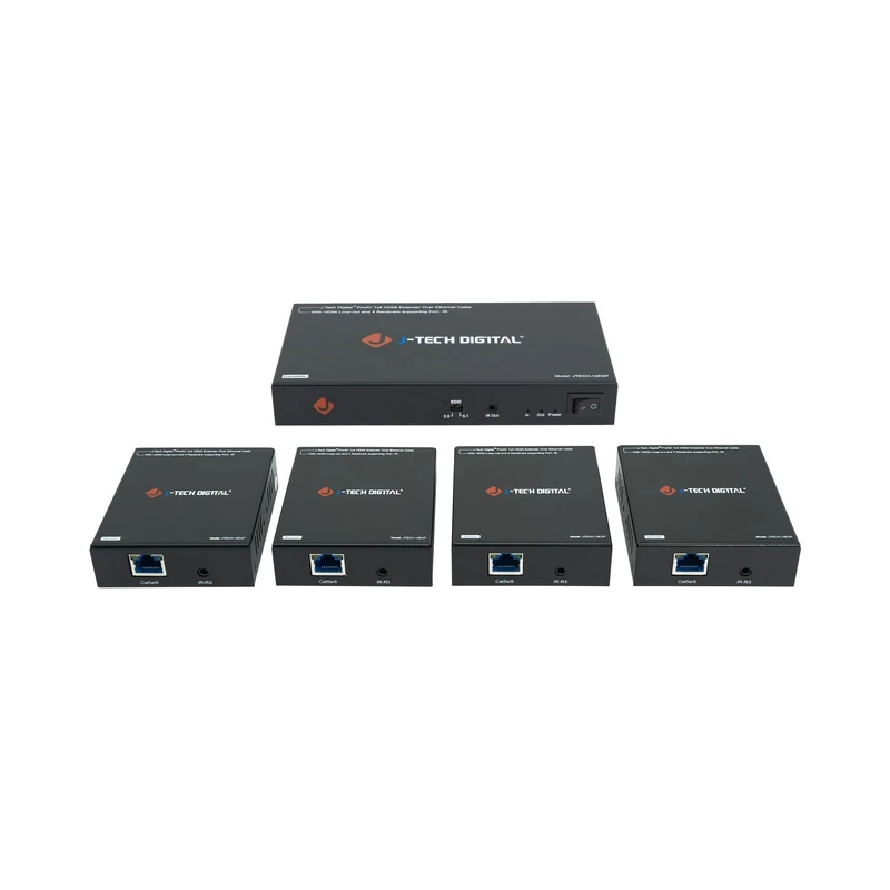 J-Tech Digital 1x4 HDMI Extender Splitter Combo Over Cat5e/Cat6 cable up to 164 feet (50 meters) at 1080P with Local Loop out and Bi-directional IR control (JTDHDEX1x4)