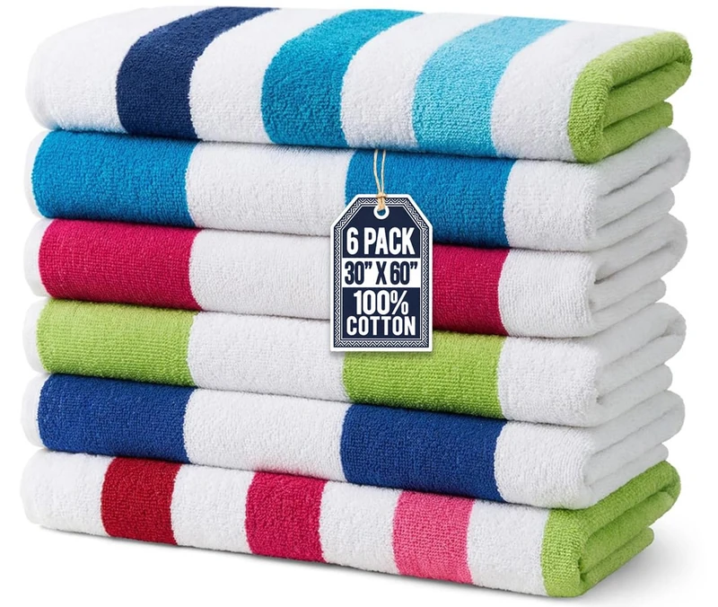 Kaufman - 6 Pack Yarn Dye Cotton Oversized 30x60 Highly Absorbent, Quick Dry, Brightly Colored Classic Cabana Stripe Beach, Pool,Camp, Back to School and Bath Towel